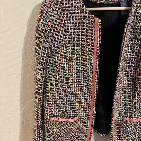 Hillard & Hanson Tweed Bow Accent Plus Size Long Sleeved Pink Piped Pocketed Bla - Picture 6 of 11